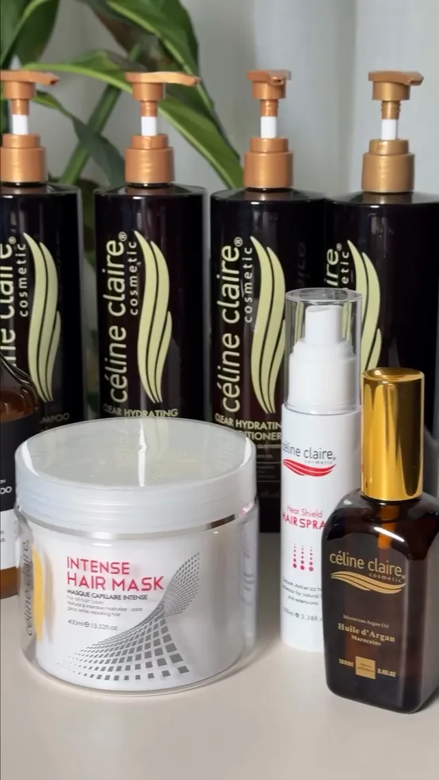 A full wash day: shampooing, blow-drying and the finished hair, with a group of Celine Claire bottles on the counter